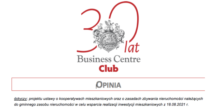 Opinia BCC dot. projektu ustawy o kooperatywach mieszkaniowych oraz o zasadach zbywania nieruchomości gminnych