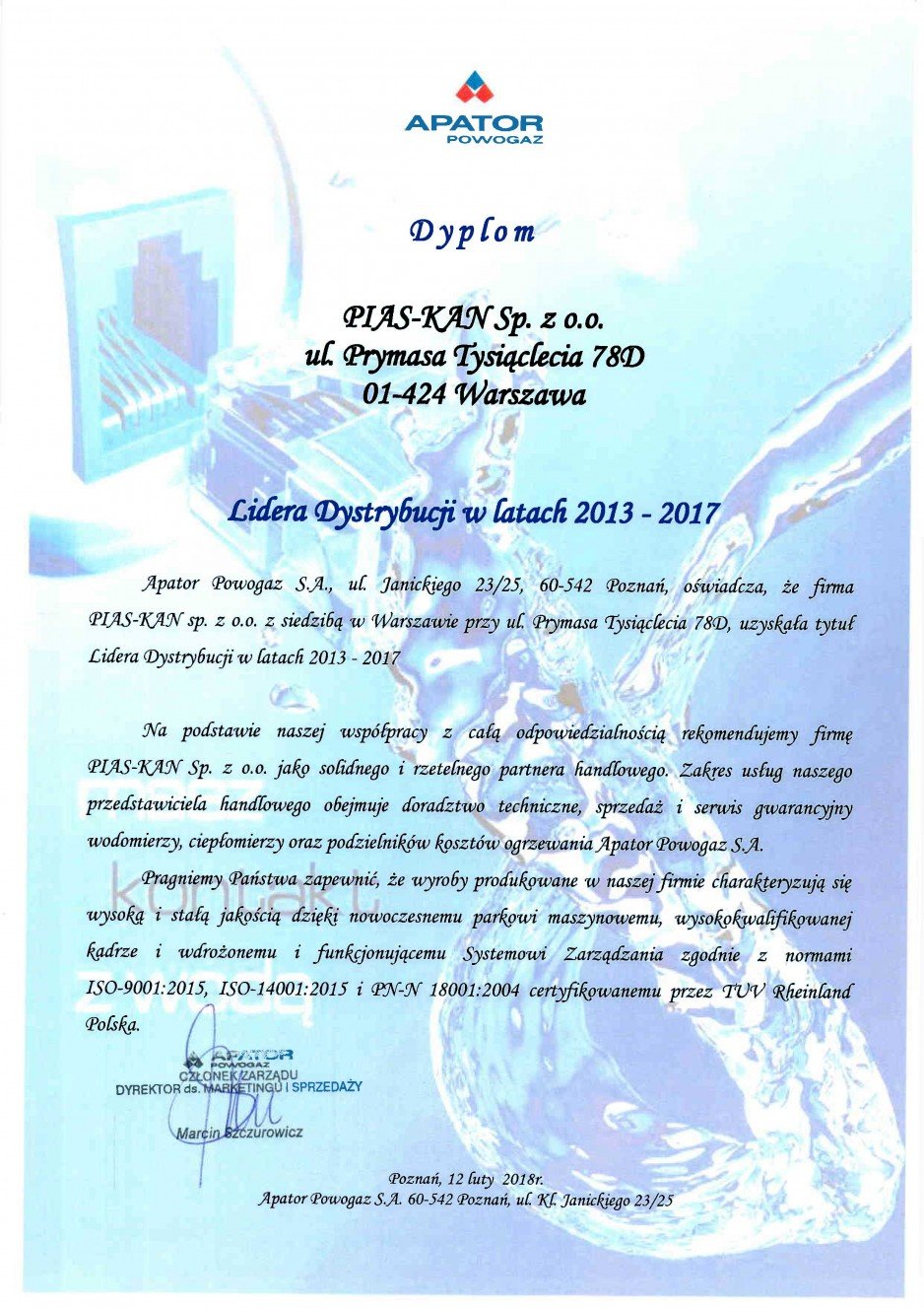 Dyplom PIAS-KAN Sp. z o.o. -
Lider 2013-2017