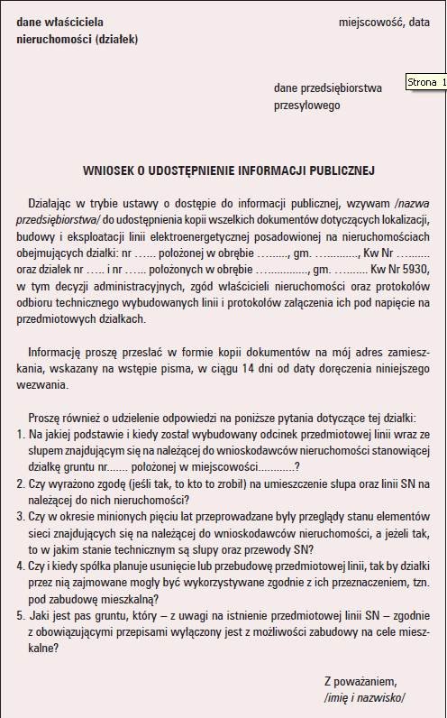 Wzór. Przykład wniosku do przedsiębiorstwa przesyłowego