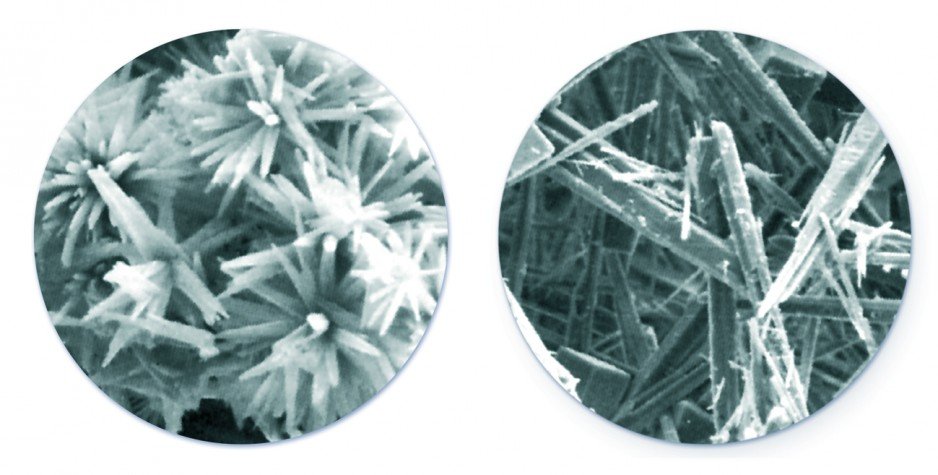 Kryształy CaCO3: naturalne (z prawej) i po wymuszonej przez VULCAN krystalizacji
