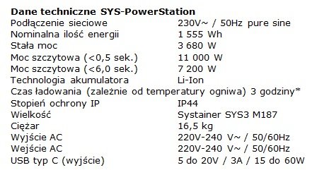 dane techniczne sys power station