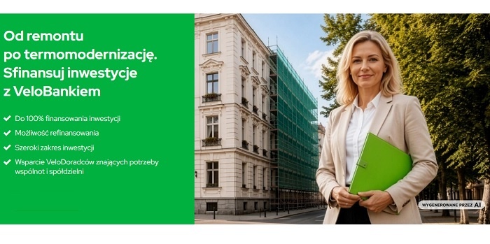 kobieta stoi przed budunkiem, obok oferta banku na zielonym tle